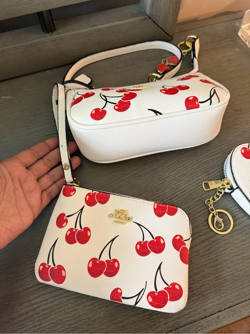 Coach Cherry Print Nolita 19 Shoulder Purse Trio Bundle Heart Wristlet - Picture 7 of 16